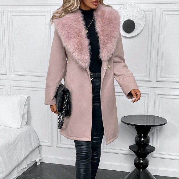 Khaki Casual Womens Fuzzy Collar Belted Overcoat - Picture 4 of 5